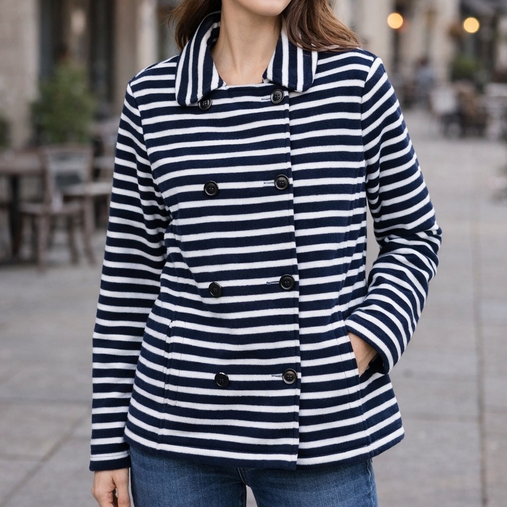 Lands End Navy White Striped Double Breasted Fleece Jacket